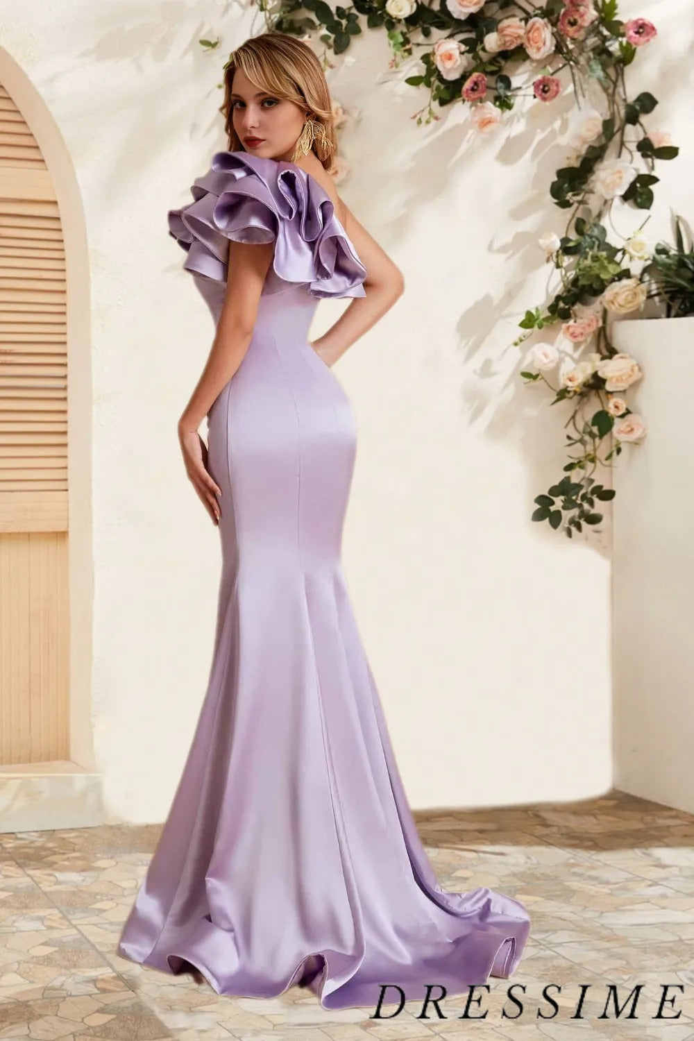 Dressime Elegant Mermaid One Shoulder Satin Pleats Floor Length Bridesmaid Dress dressime