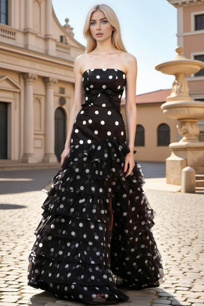 Dressime Elegant Mermaid Strapless Polka Dots Ruffles Long Tiered Prom Dress