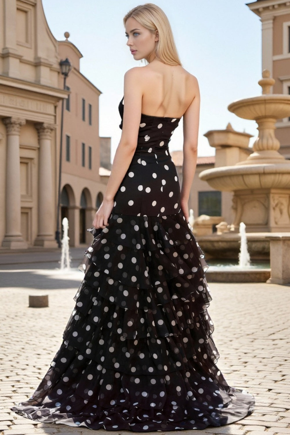 Dressime Elegant Mermaid Strapless Polka Dots Ruffles Long Tiered Prom Dress