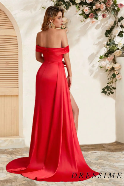 Dressime Elegant Sheath Off The Shoulder Satin Slit Long Bridesmaid Dress With Train dressime