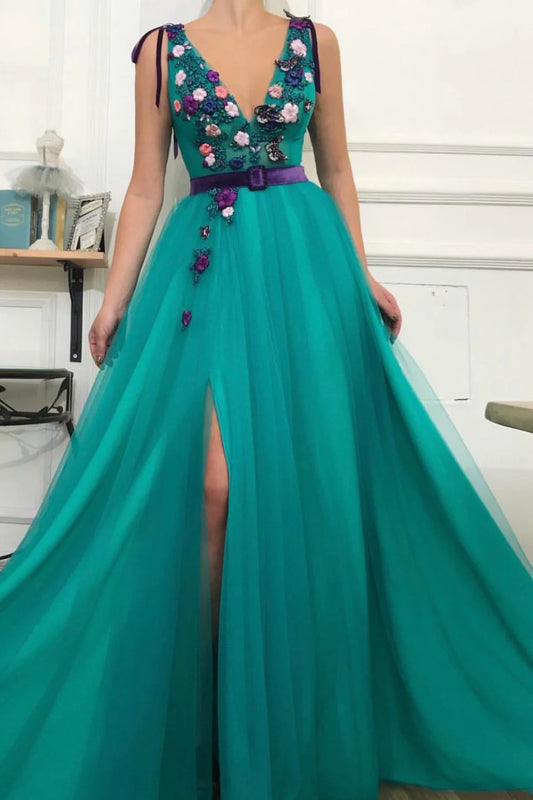 Dressime Elegant V-Neck Teal Long Prom Dress with Embroidery dressime