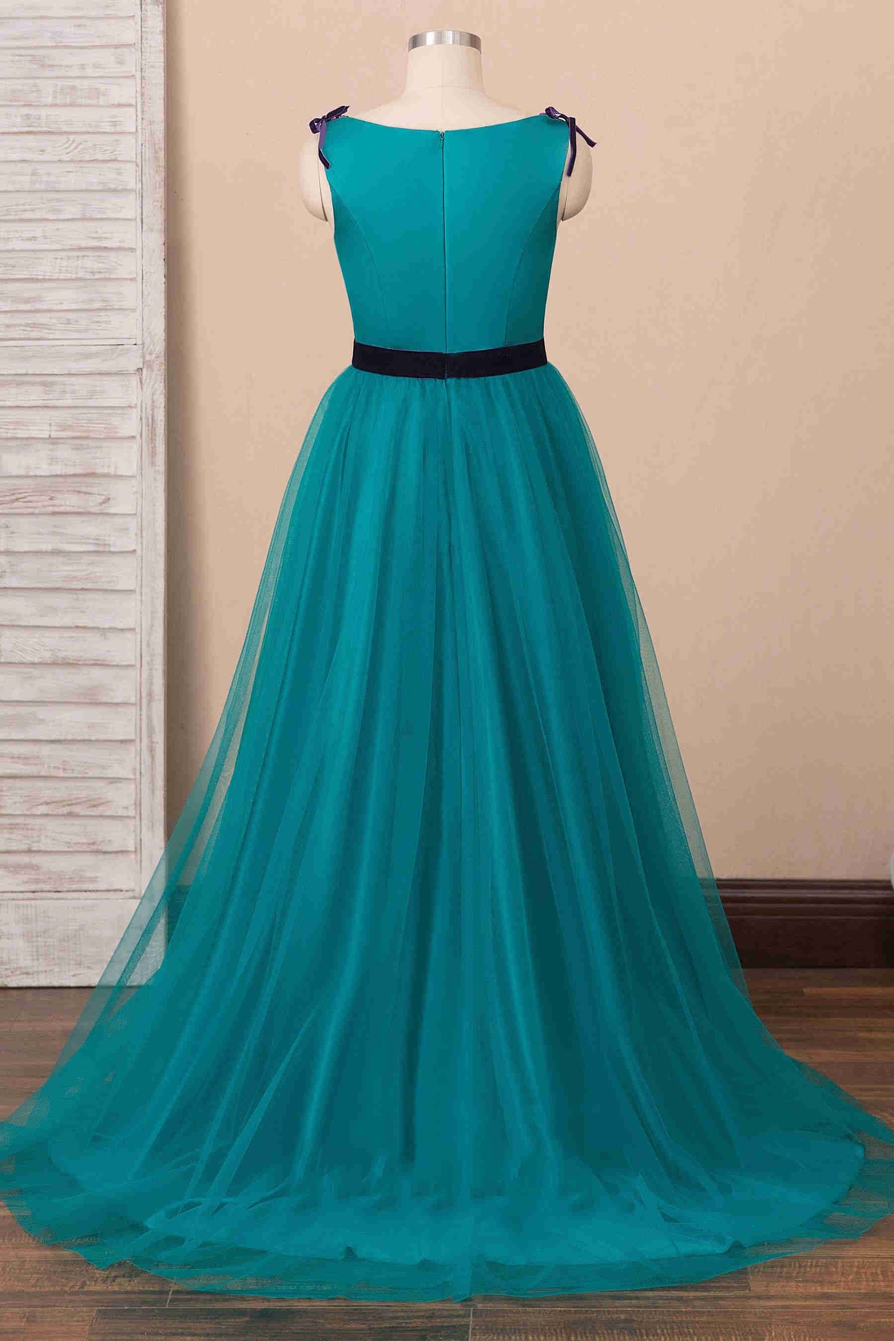 Dressime Elegant V-Neck Teal Long Prom Dress with Embroidery dressime