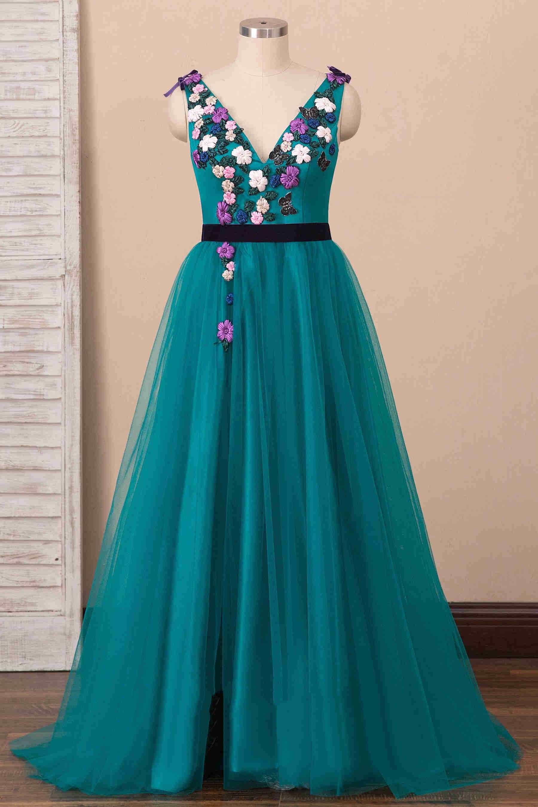 Dressime Elegant V-Neck Teal Long Prom Dress with Embroidery dressime