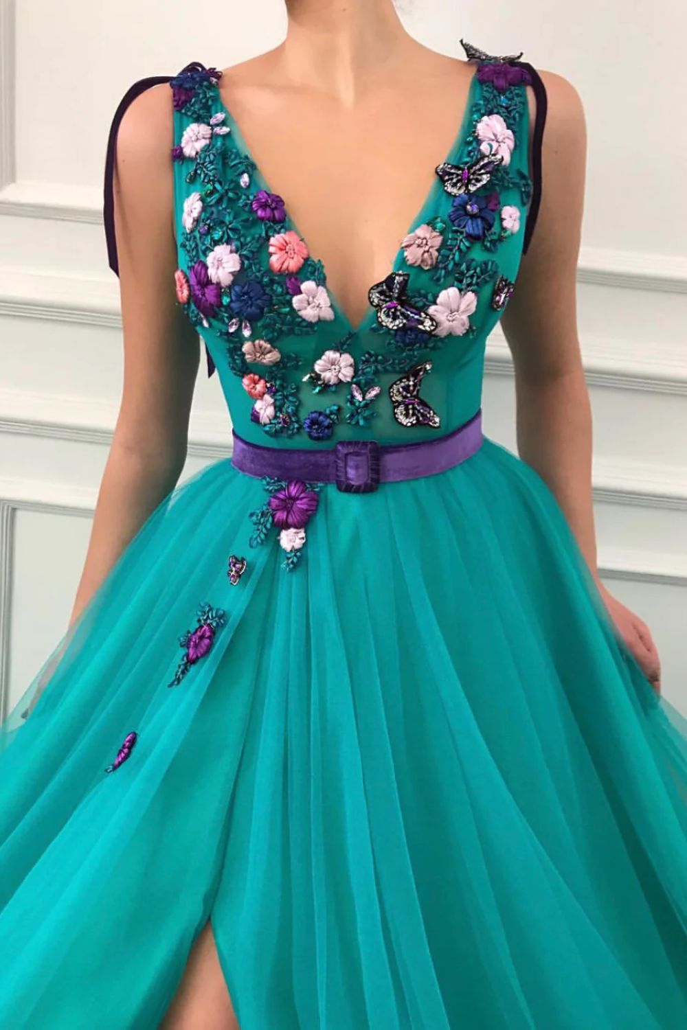 Dressime Elegant V-Neck Teal Long Prom Dress with Embroidery dressime
