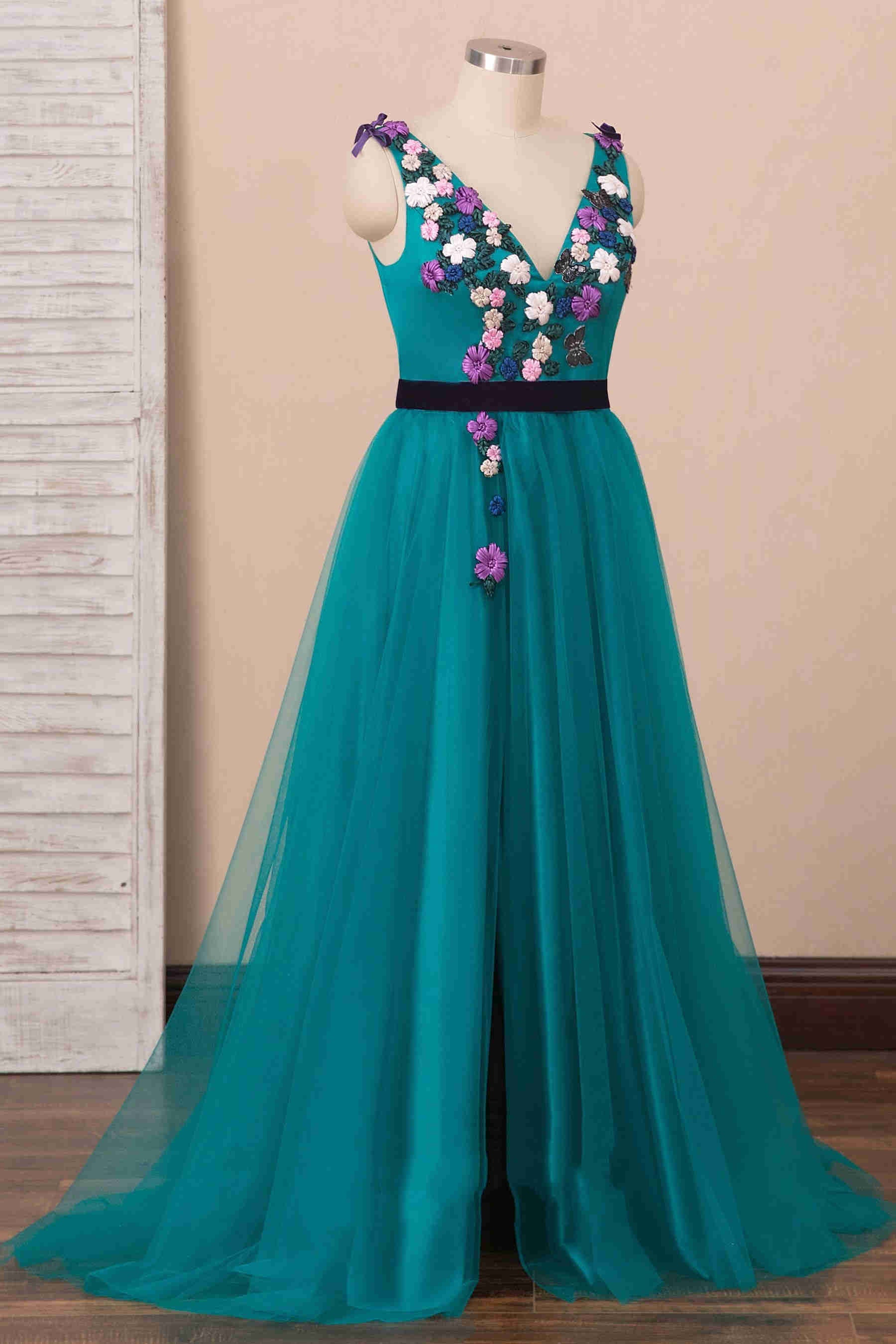 Dressime Elegant V-Neck Teal Long Prom Dress with Embroidery dressime