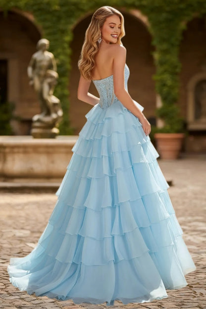 Dressime Glamorous A Line Sweetheart Corset Ruffles Slit Long Tiered Prom Dress With Appliques