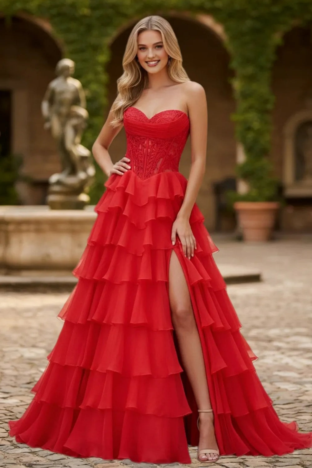Dressime Glamorous A Line Sweetheart Corset Ruffles Slit Long Tiered Prom Dress With Appliques