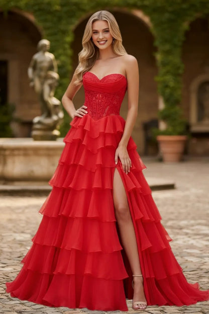 Dressime Glamorous A Line Sweetheart Corset Ruffles Slit Long Tiered Prom Dress With Appliques
