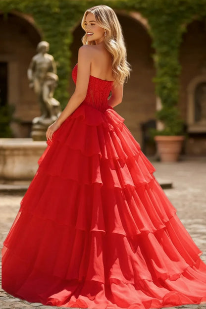 Dressime Glamorous A Line Sweetheart Corset Ruffles Slit Long Tiered Prom Dress With Appliques