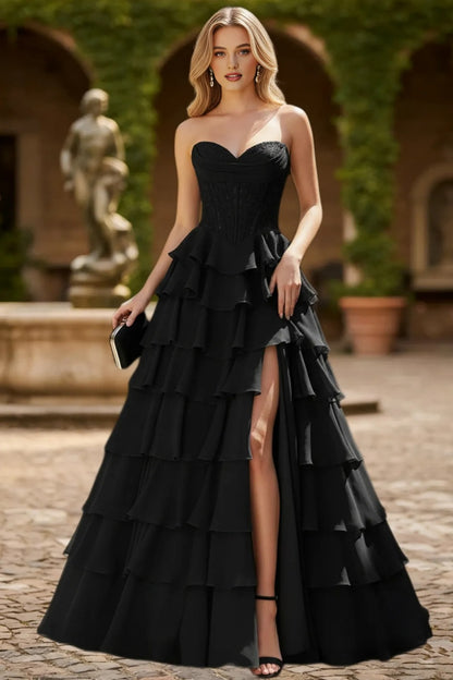 Dressime Glamorous A Line Sweetheart Corset Ruffles Slit Long Tiered Prom Dress With Appliques