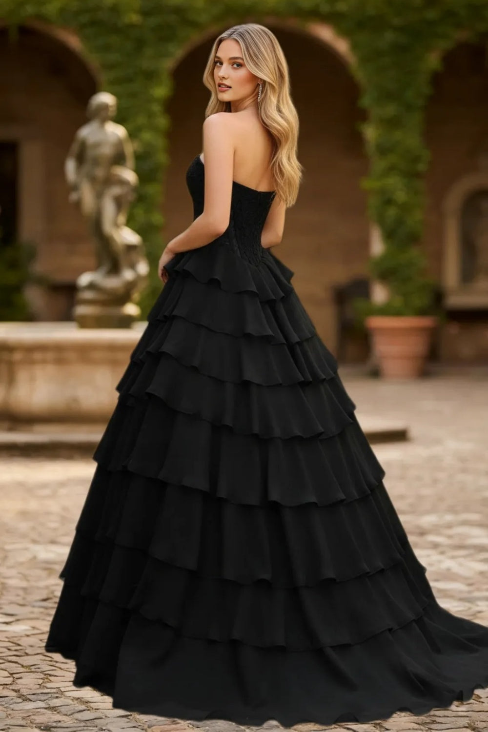 Dressime Glamorous A Line Sweetheart Corset Ruffles Slit Long Tiered Prom Dress With Appliques