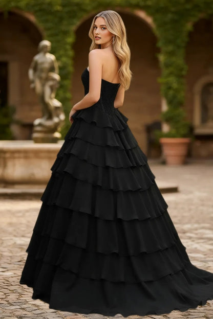Dressime Glamorous A Line Sweetheart Corset Ruffles Slit Long Tiered Prom Dress With Appliques