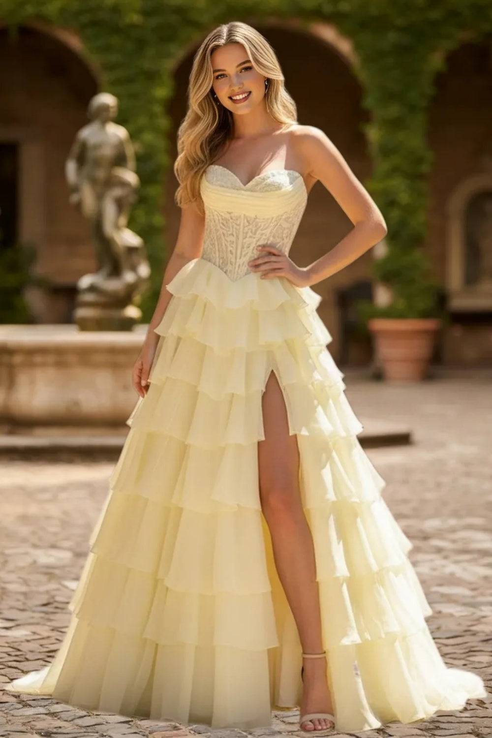Dressime Glamorous A Line Sweetheart Corset Ruffles Slit Long Tiered Prom Dress With Appliques