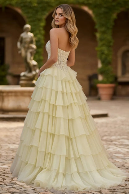 Dressime Glamorous A Line Sweetheart Corset Ruffles Slit Long Tiered Prom Dress With Appliques