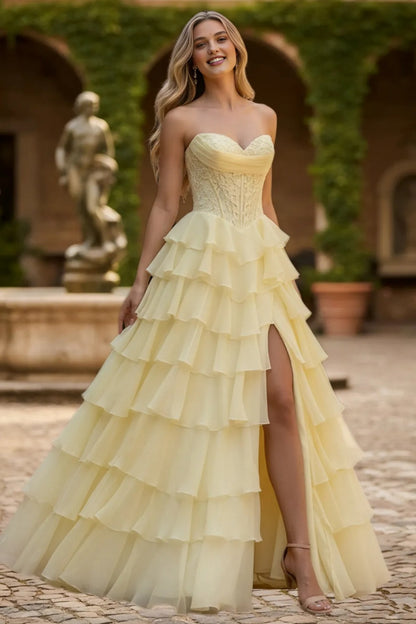 Dressime Glamorous A Line Sweetheart Corset Ruffles Slit Long Tiered Prom Dress With Appliques