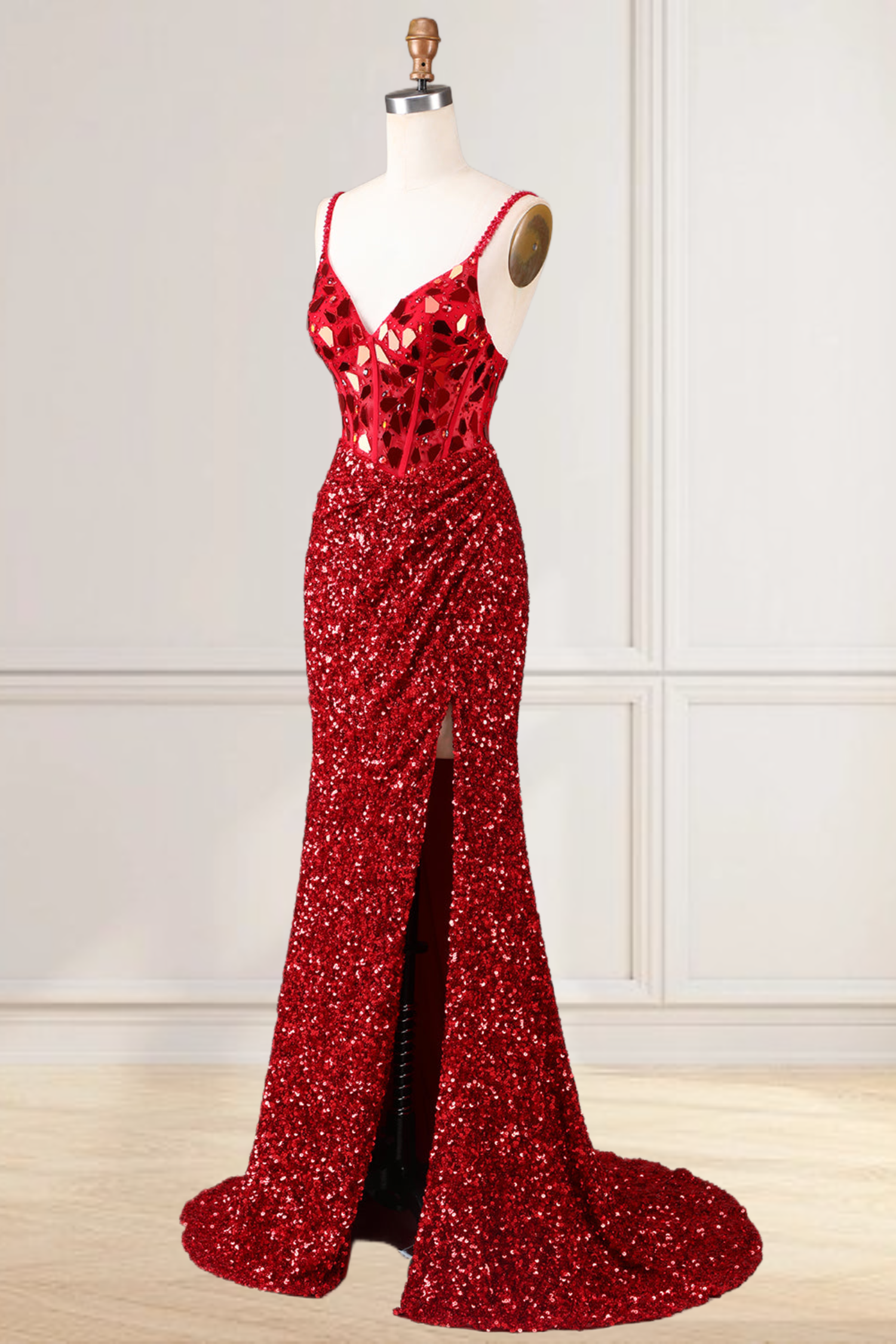mirror prom dress Green Sequin V-Neck Long Prom Dress with Cut Glass Mirrors Modsele