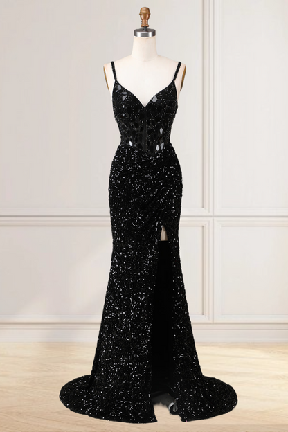 Dressime Glitter Mermaid Spaghetti Straps Sequins Slit Long Prom Dresses With Glass Mirror dressime