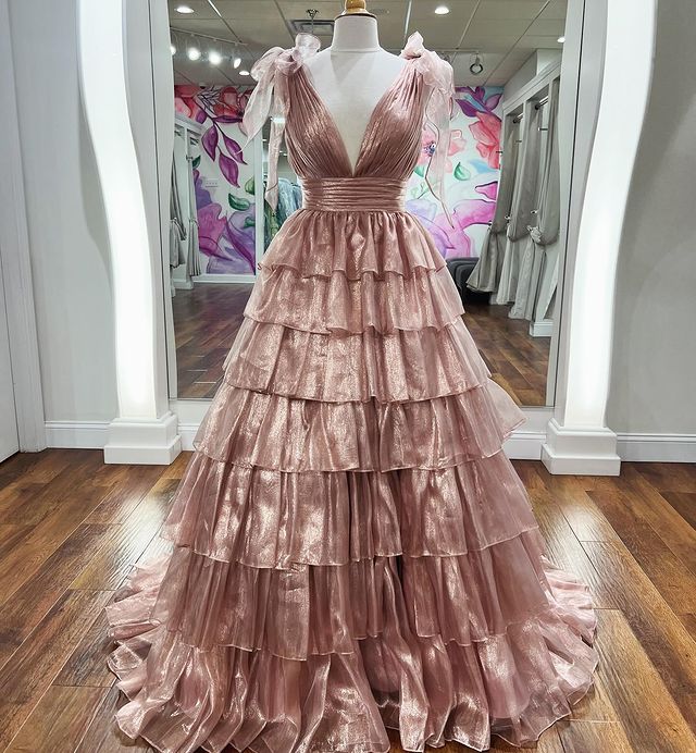Dressime Glitter Tie Straps Plunging V Neck Tiered Long Prom Dress dressime Dressime Glitter Tie Straps Plunging V Neck Tiered Long Prom Dress dressime