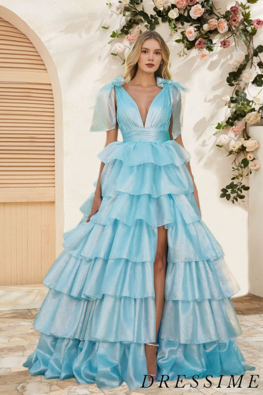 Dressime Glitter Tie Straps Plunging V Neck Tiered Long Prom Dress dressime