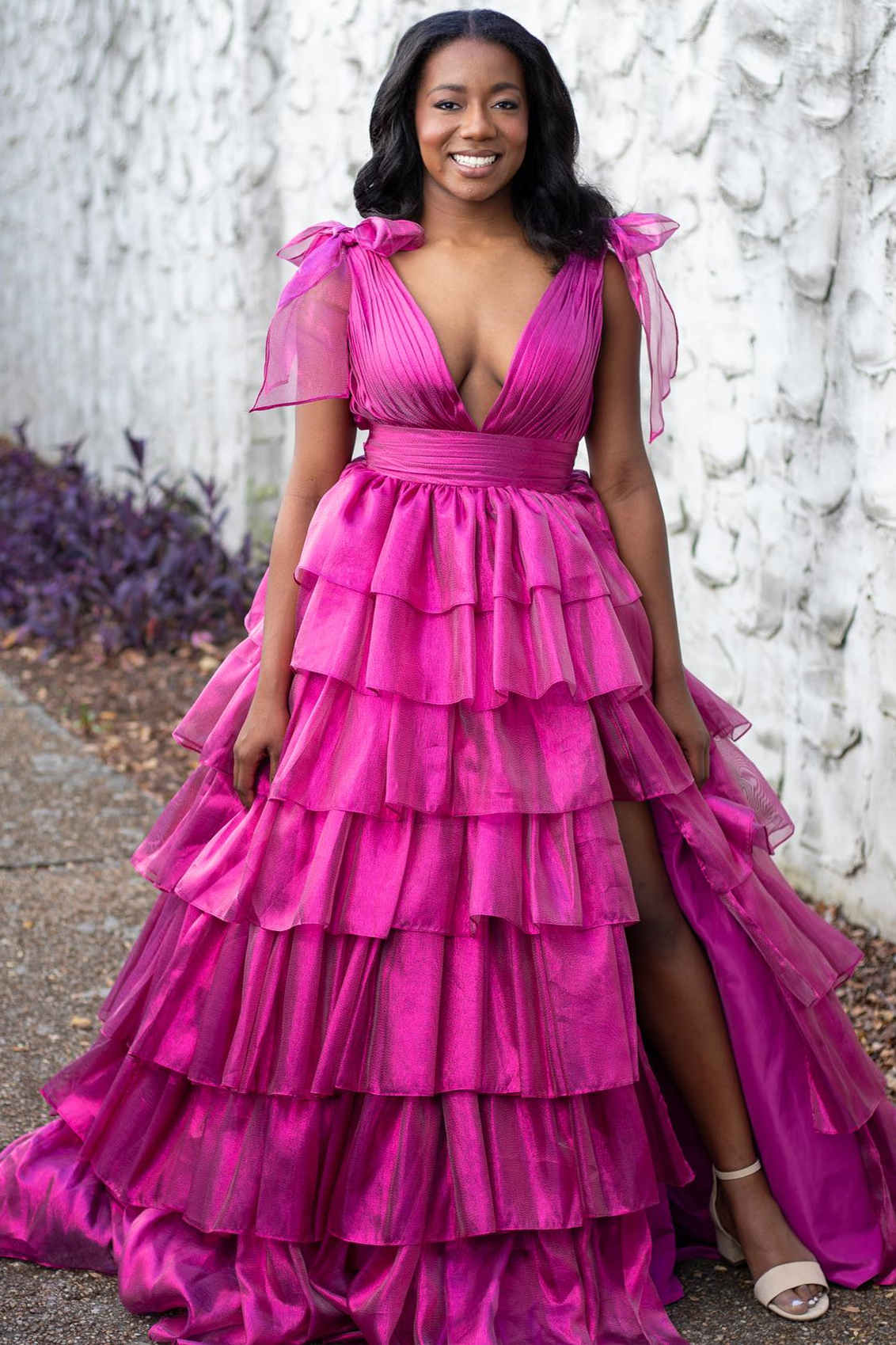 Dressime Glitter Tie Straps Plunging V Neck Tiered Long Prom Dress dressime Dressime Glitter Tie Straps Plunging V Neck Tiered Long Prom Dress dressime