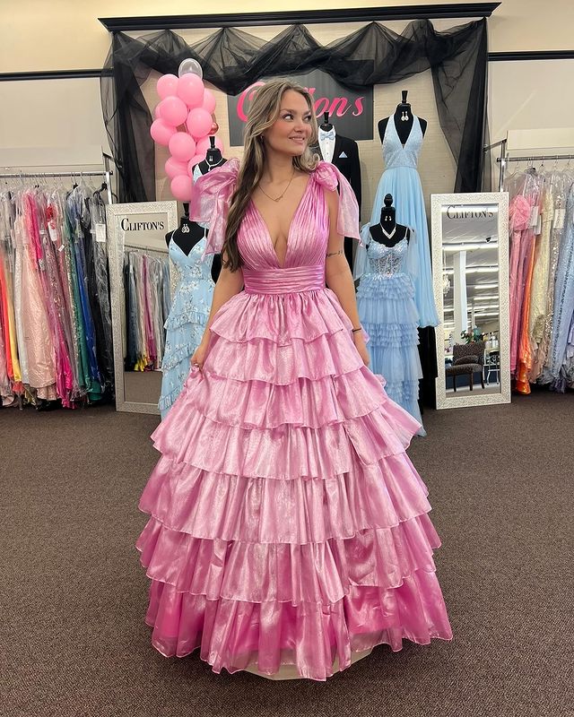 Dressime Glitter Tie Straps Plunging V Neck Tiered Long Prom Dress dressime Dressime Glitter Tie Straps Plunging V Neck Tiered Long Prom Dress dressime