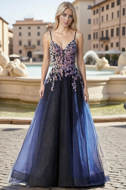 Dressime Graceful A Line Spaghetti Straps Tulle Long Prom Dress With Sequin Appliques