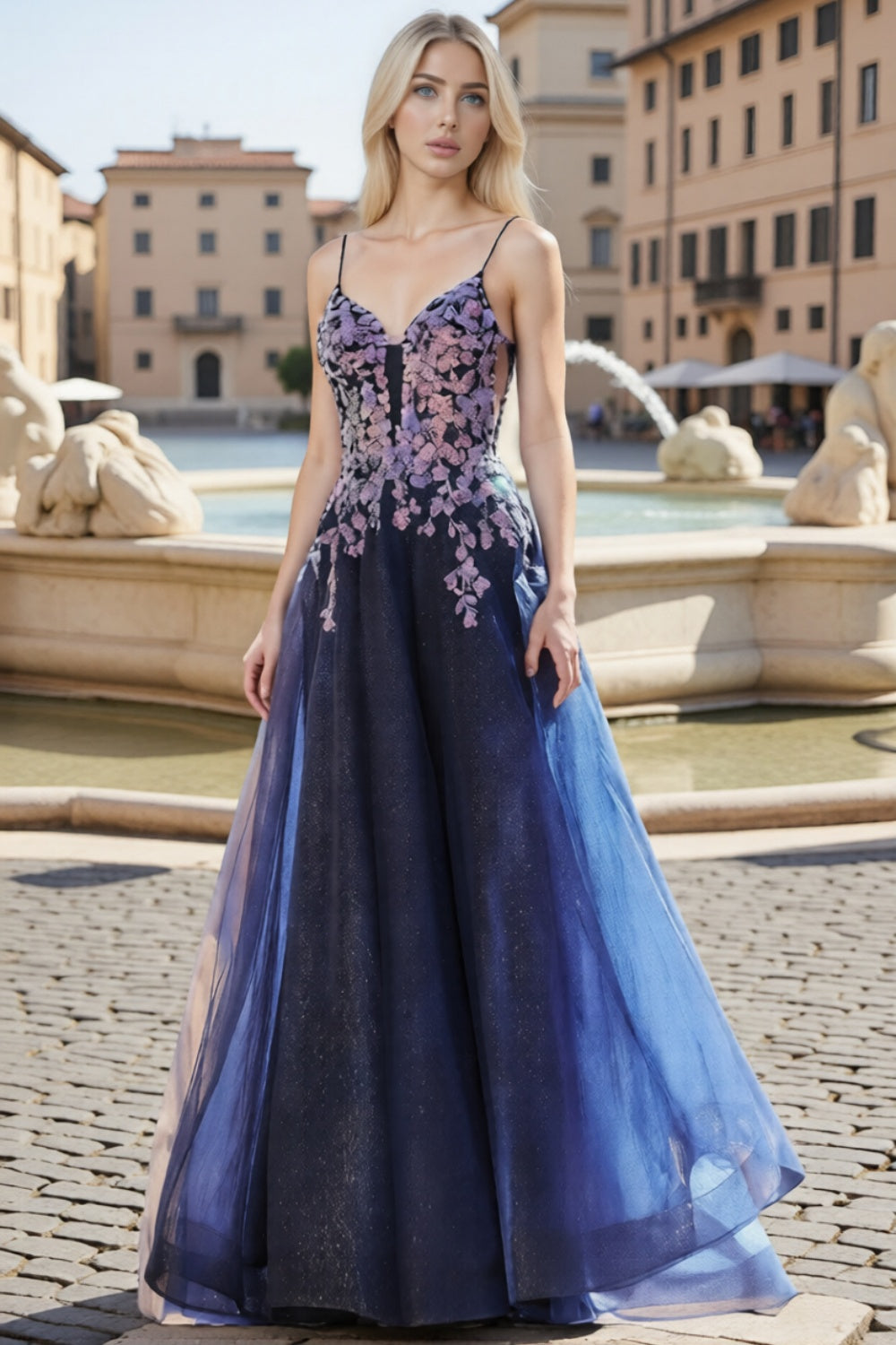 Dressime Graceful A Line Spaghetti Straps Tulle Long Prom Dress With Sequin Appliques