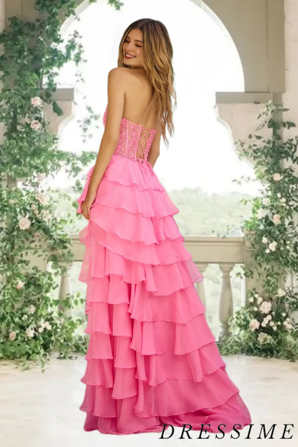Dressime High Neck Ruffle Chiffon Long Tiered Prom Dresses with 3D Flo dressime Dressime High Neck Ruffle Chiffon Long Tiered Prom Dresses with 3D Flo dressime