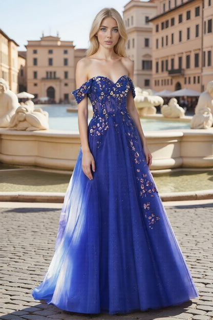 Dressime Luxurious A Line Off The Shoulder Tulle Long Prom Dress With Sequin Appliques