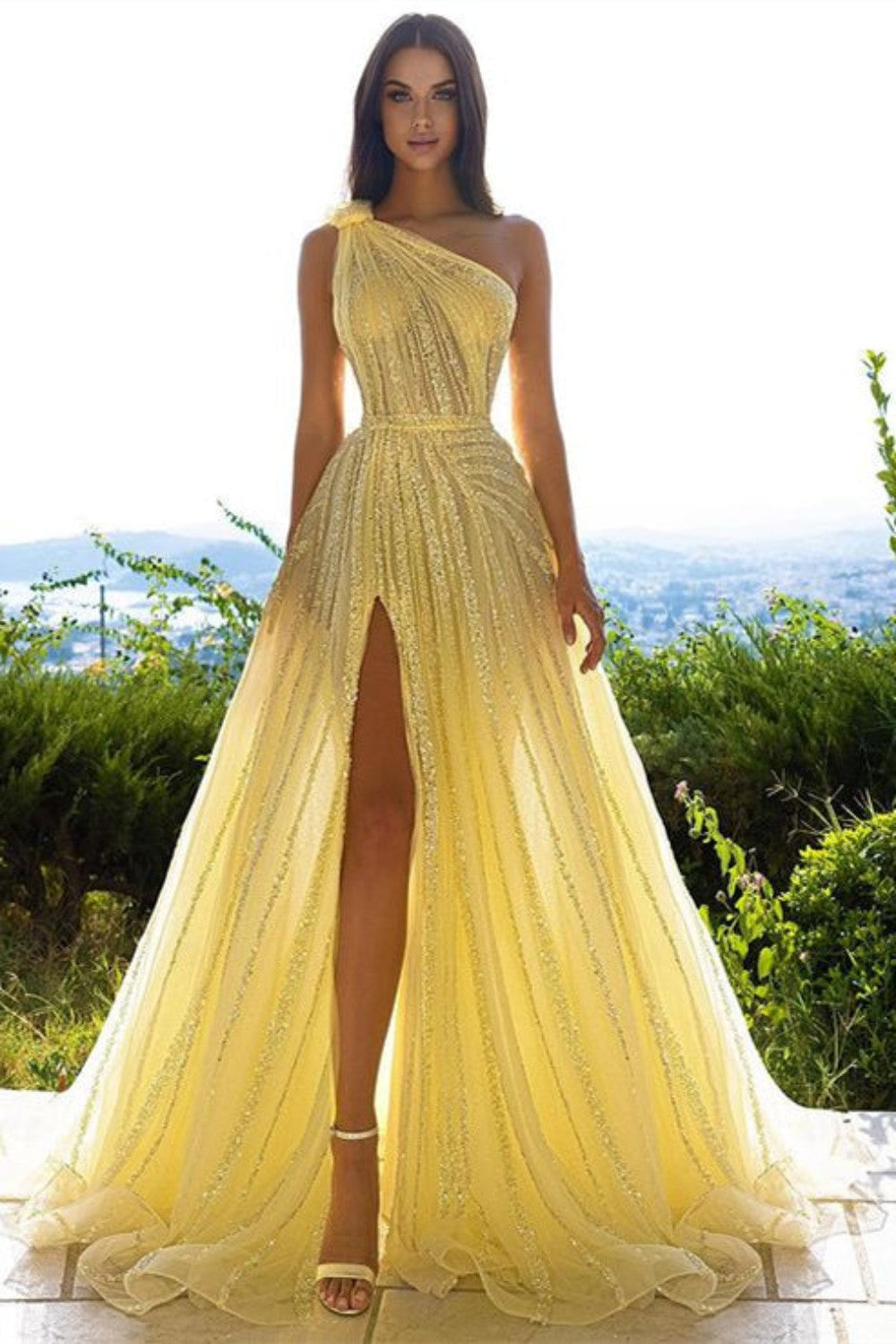 Dressime Luxury One Shoulder Tulle Beaded Slit Prom Dress with Cape dressime Dressime Luxury One Shoulder Tulle Beaded Slit Prom Dress with Cape dressime