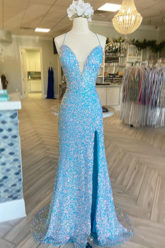 Dressime Memaid Spaghetti Straps Sequin Long Prom Dress With Slit dressime