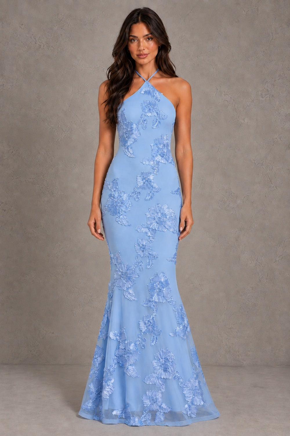 Dressime Mermaid Halter Neck Floral Embroidery Open Back Maxi Wedding Guest Dresses