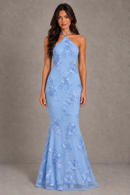 Dressime Mermaid Halter Neck Floral Embroidery Open Back Maxi Wedding Guest Dresses