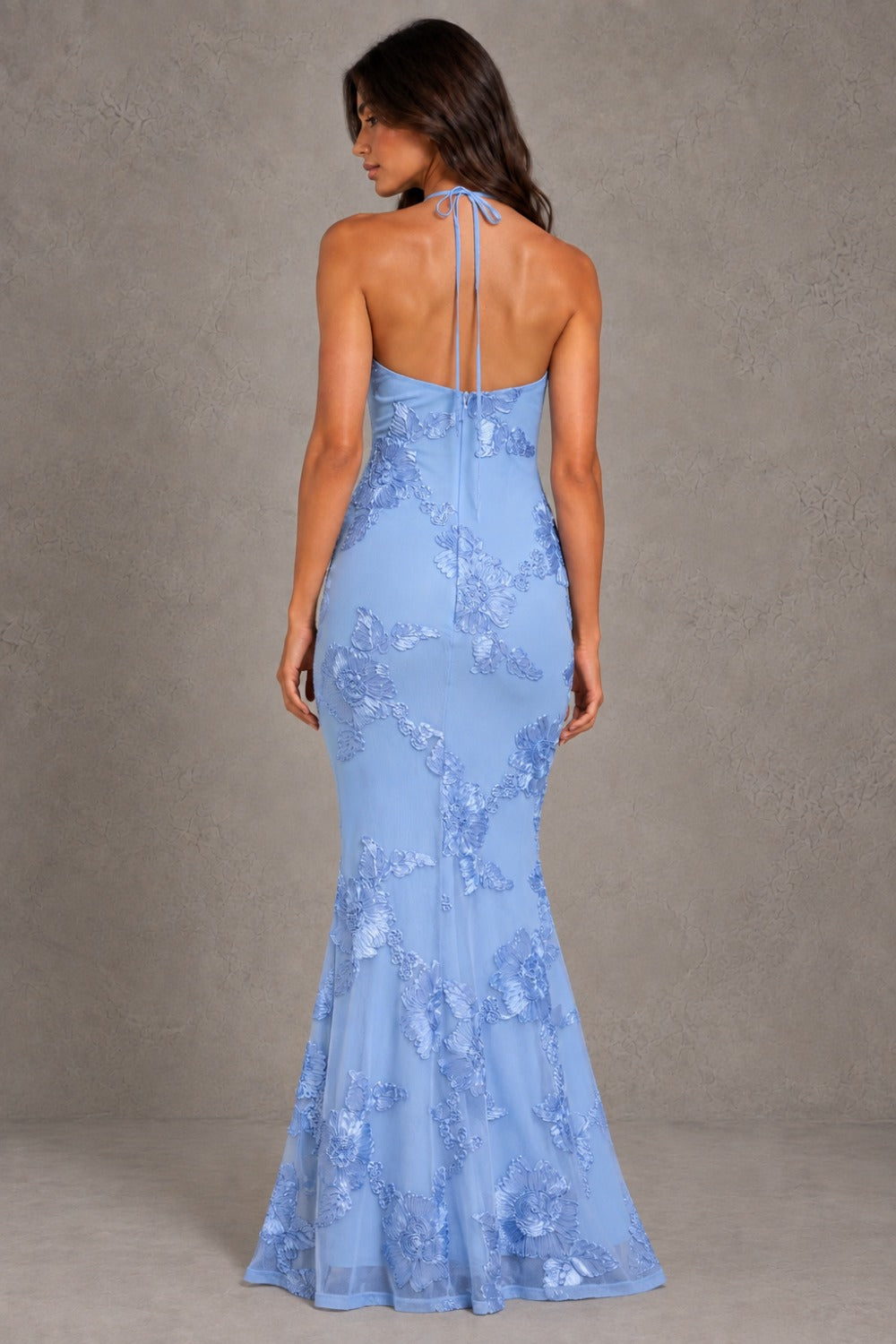 Dressime Mermaid Halter Neck Floral Embroidery Open Back Maxi Wedding Guest Dresses