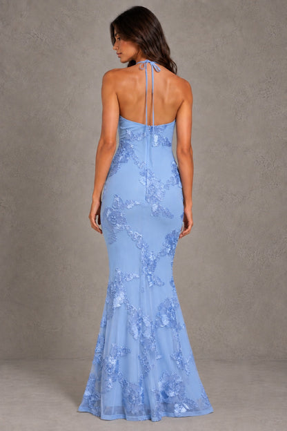 Dressime Mermaid Halter Neck Floral Embroidery Open Back Maxi Wedding Guest Dresses