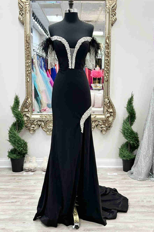 Dressime Mermaid Off Shoulder Feather Beaded Slit Long Prom Dress dressime