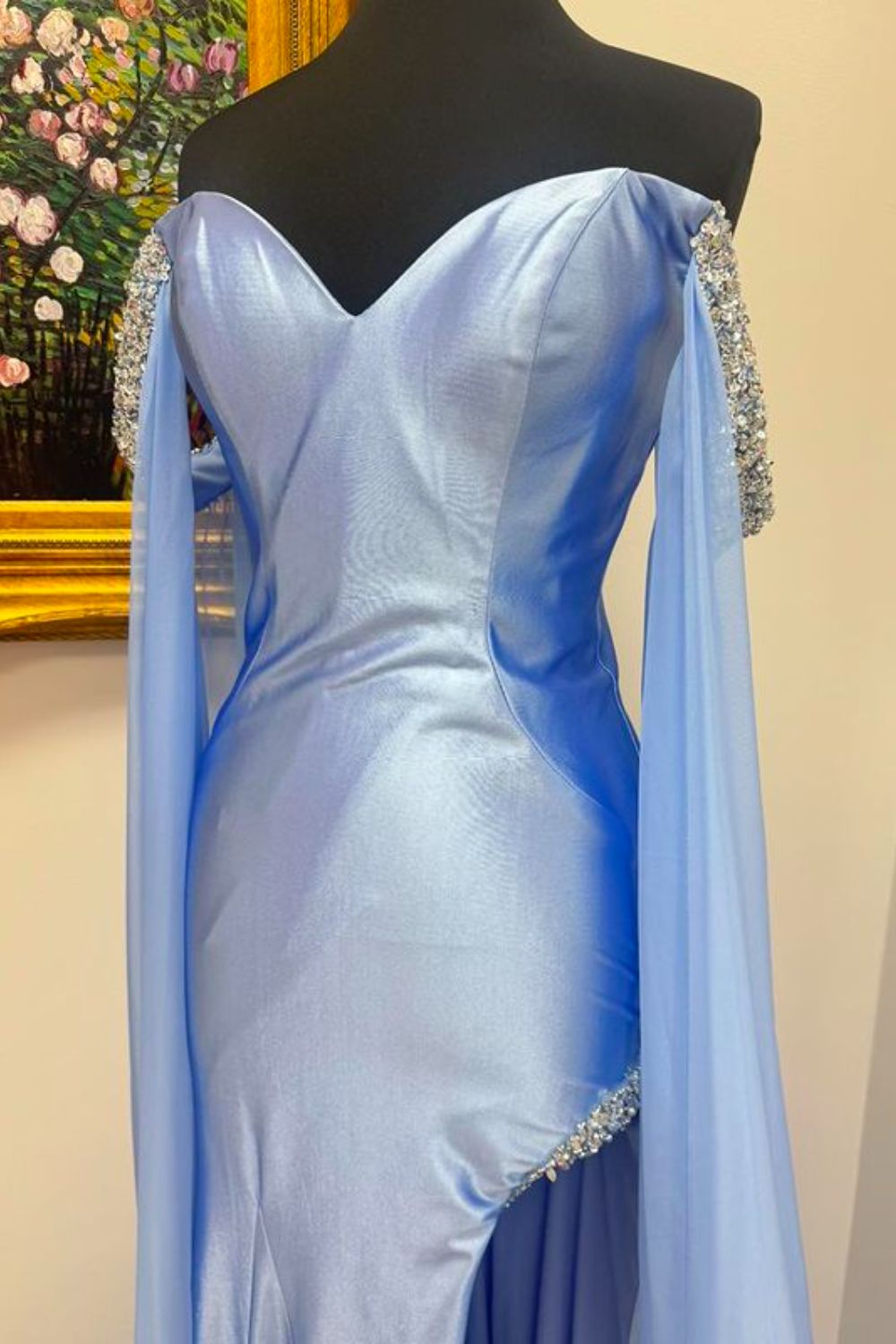 Dressime Mermaid Off The Shoulder Satin Slit Long Prom Dress With Beaded dressime
