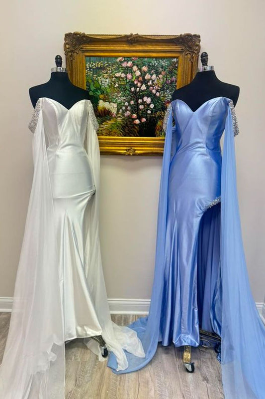 Dressime Mermaid Off The Shoulder Satin Slit Long Prom Dress With Beaded dressime