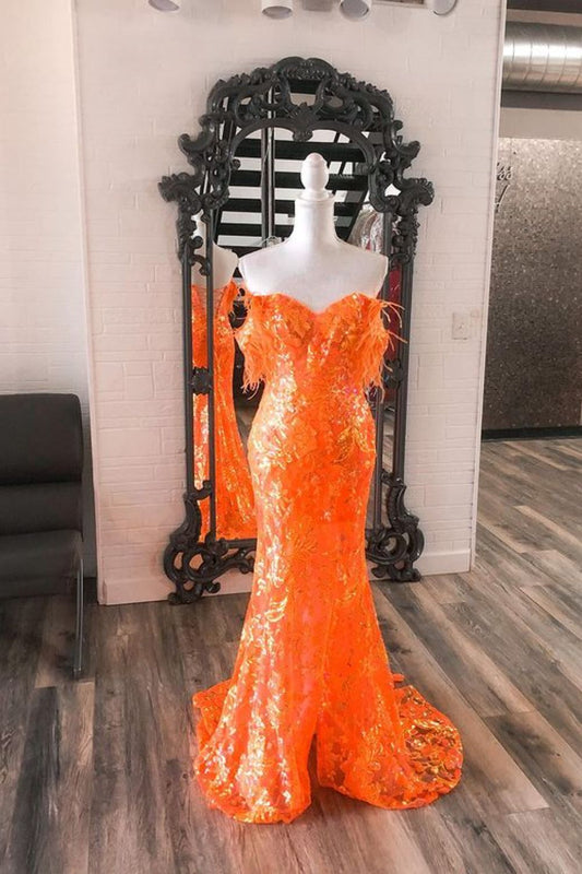Dressime Mermaid Off The Shoulder Tulle Slit Long Dress with Sequin Applique dressime