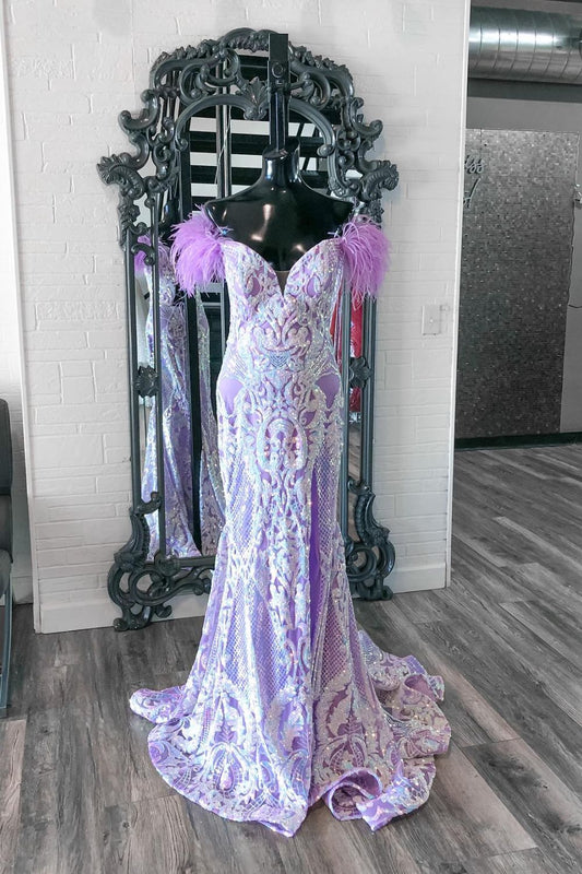 Dressime Mermaid Off The shoulder Sequin Appliques Feather Prom Dress With Slit dressime