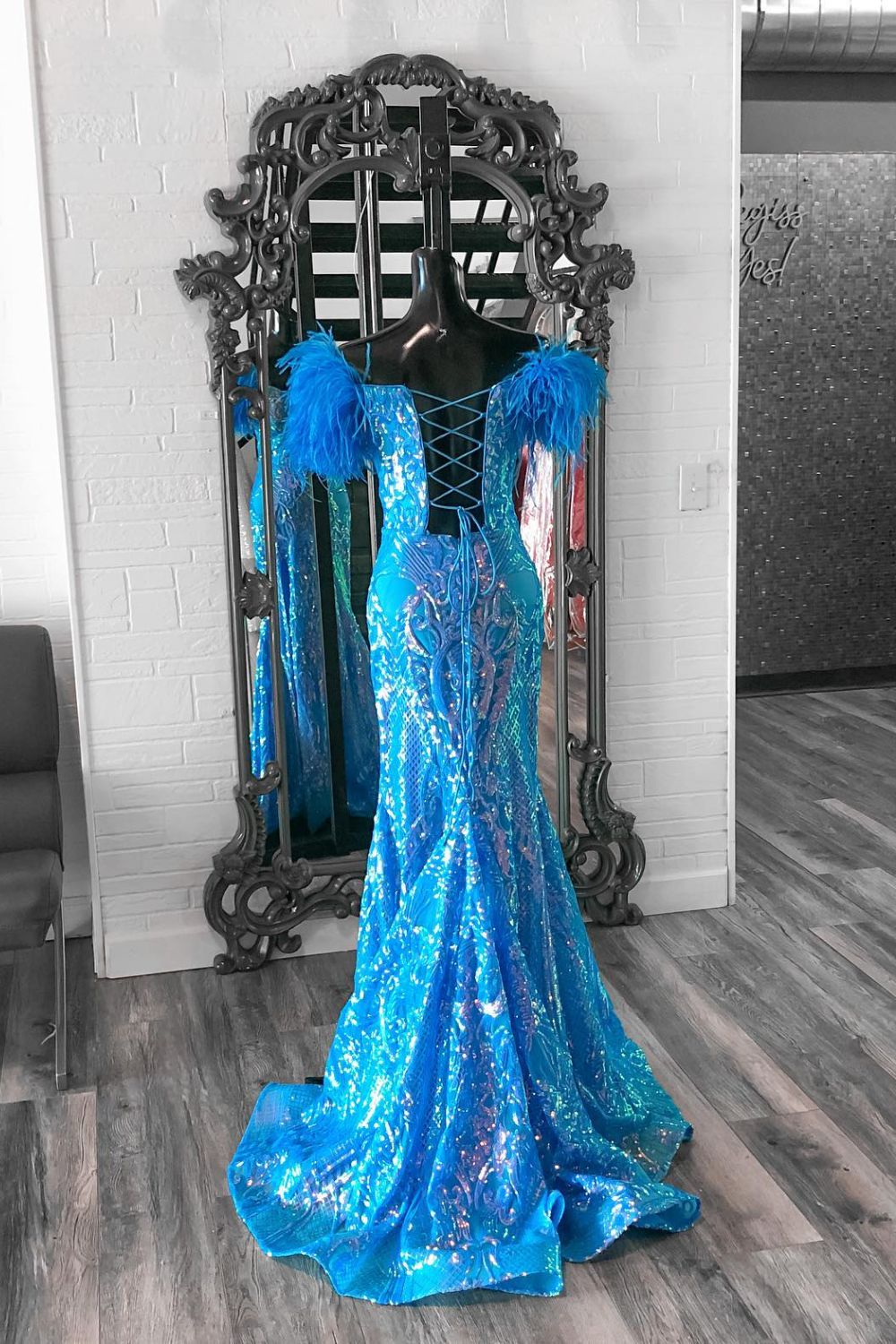Dressime Mermaid Off The shoulder Sequin Appliques Feather Prom Dress dressime Dressime Mermaid Off The shoulder Sequin Appliques Feather Prom Dress dressime