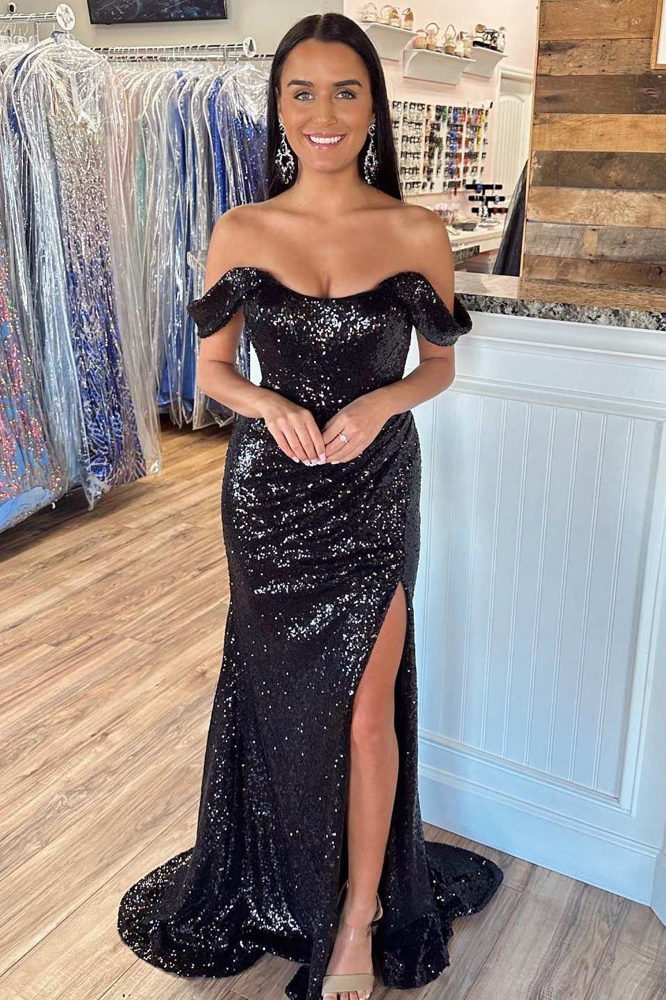 Dressime Mermaid Off the Shoulder Sequins Long Prom Dress with Slit dressime Dressime Mermaid Off the Shoulder Sequins Long Prom Dress with Slit dressime