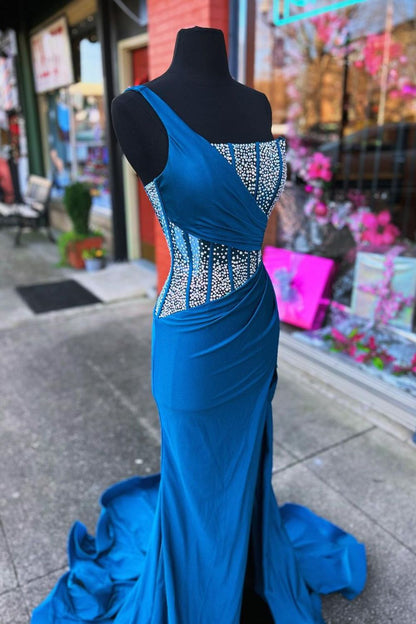 Dressime Mermaid One Shoulder Long Prom Dress with Rhinestones dressime