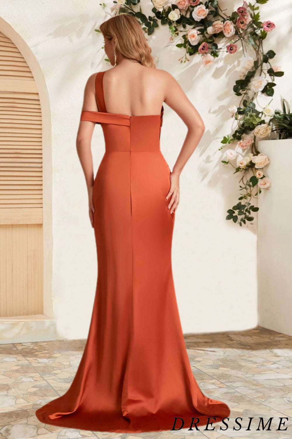 Dressime Mermaid One Shoulder Satin Floor Length Slit Bridesmaid Dress With Pleats dressime
