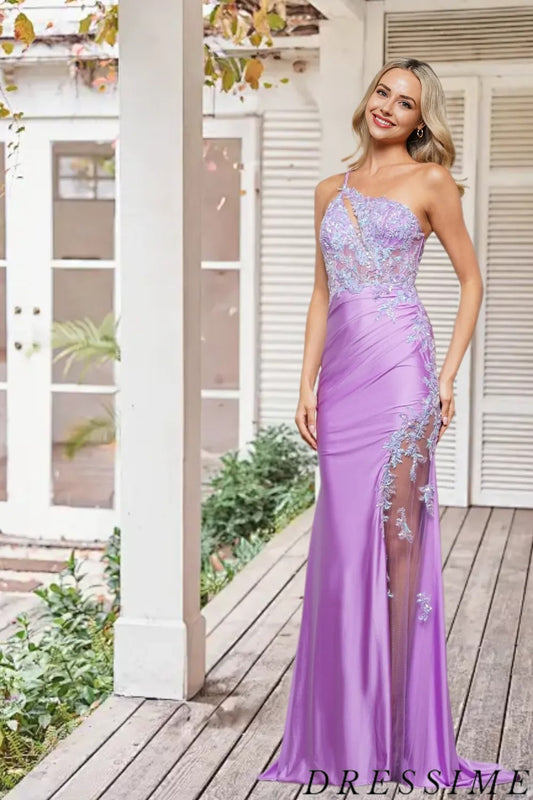Dressime Mermaid One Shoulder Satin Long Prom Dress With Appliques dressime
