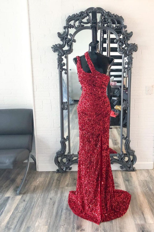Dressime Mermaid One Shoulder Sequin Long Prom Dress With Slit dressime