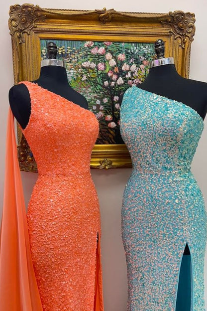 Dressime Mermaid One-Shoulder Sequin Slit Long Prom Dress with Train dressime