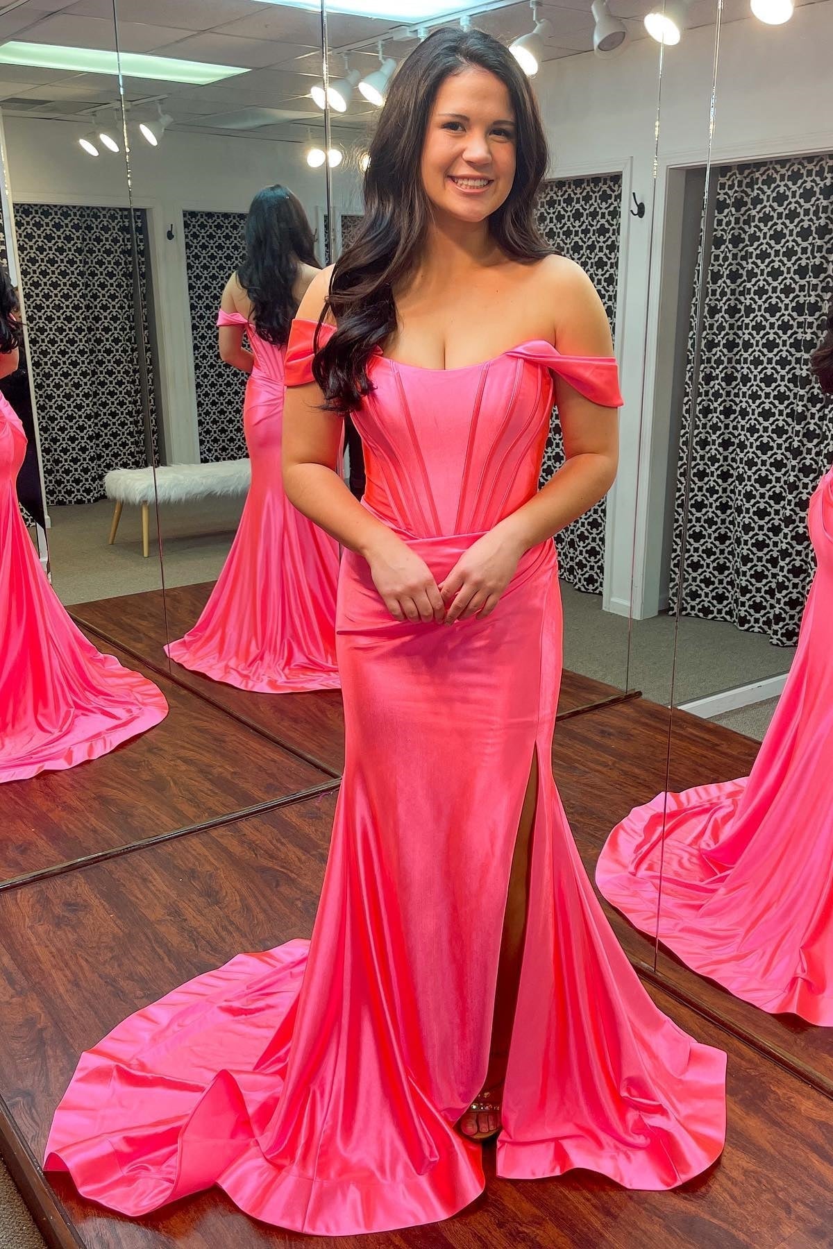 dressimeMermaid Orange Off-the-Shoulder Pleated Long Prom Dress 