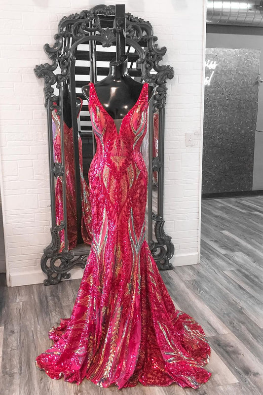 Dressime Mermaid Sequin Lace V Neck Long Prom Dress dressime