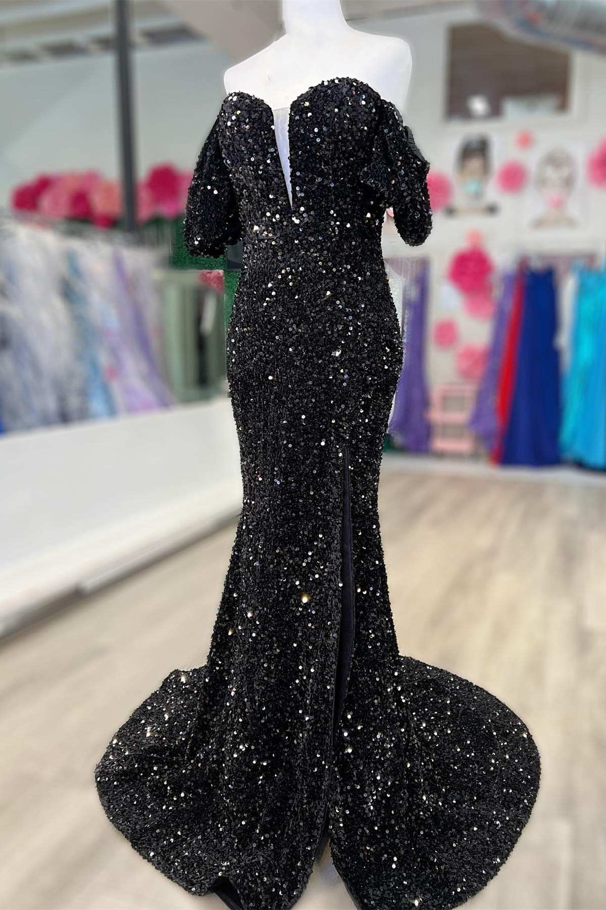 dressimeMermaid Sequin Off The Shoulder Puff Sleeve Long Prom Dresses With Slit 
